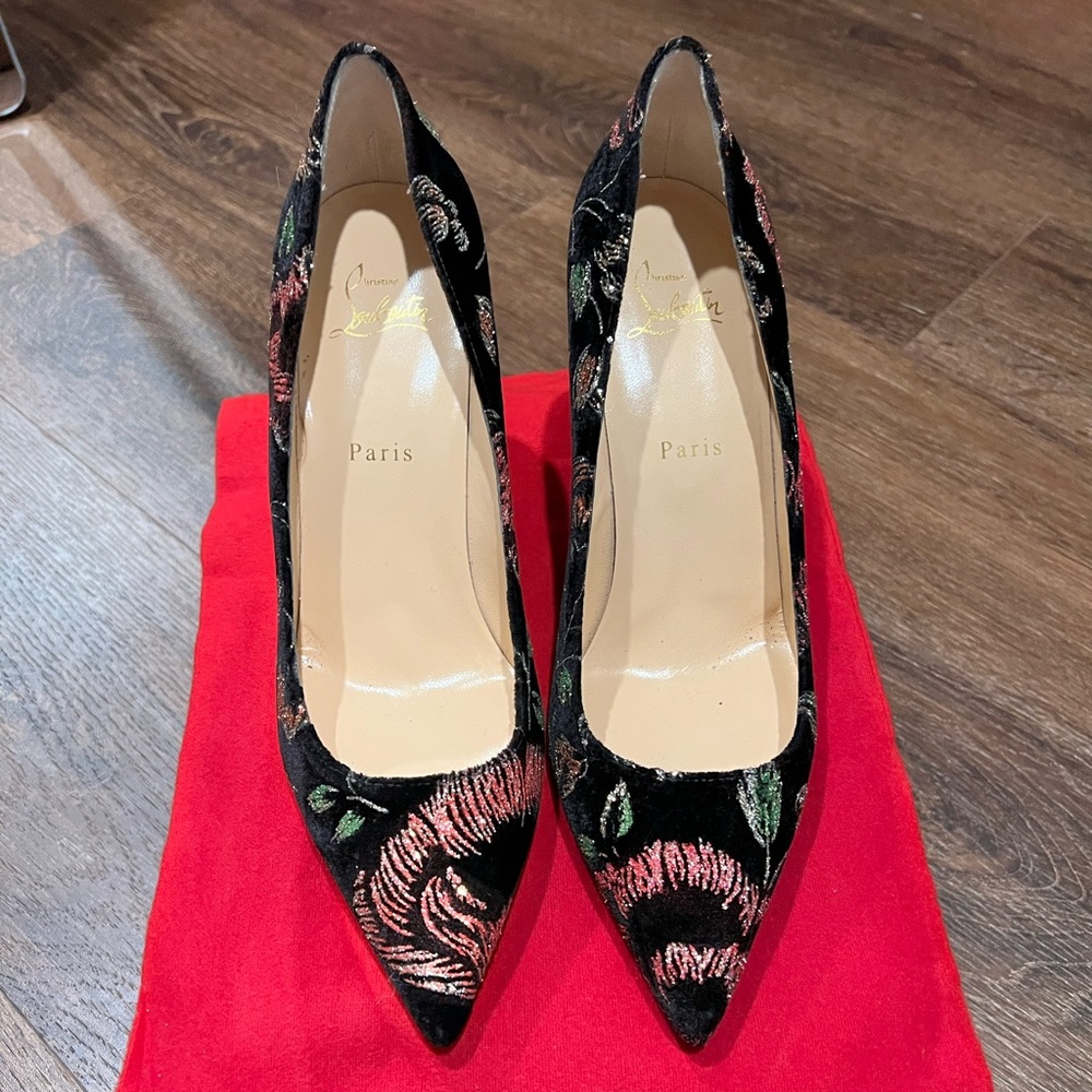 Christian Louboutin Black Kate 85 Velvet Ronsard Red Glitter- Size 40